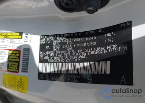 2015 Toyota Sienna Xle 7 Passenger z USA, uszkodzony, nr VIN 5TDDK3DC2FS124228